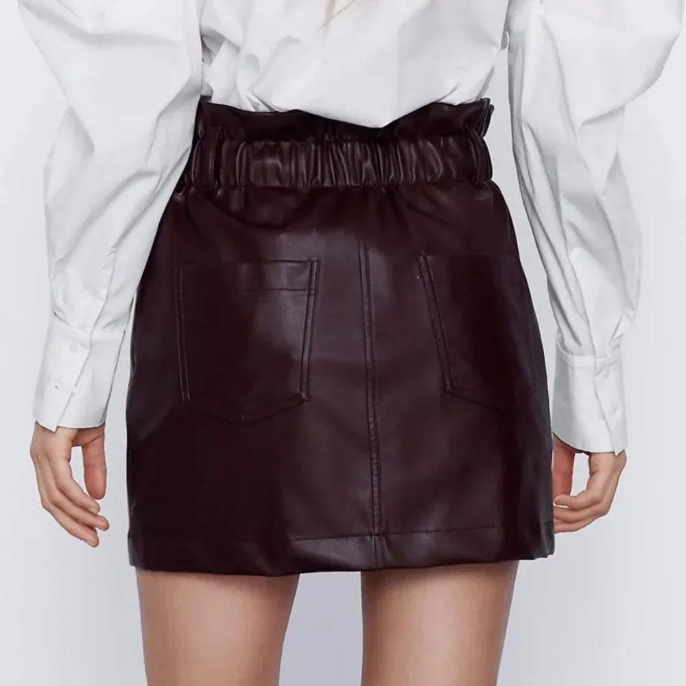 NEW Zara High Waist Paperbag Button Front Faux Leather Mini Skirt Burgundy Plum - Picture 6 of 9